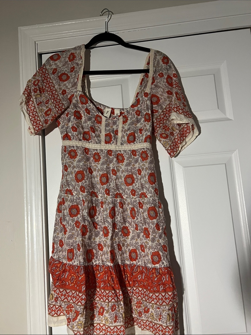 Anthropologie Orange Floral Square-Neck Tiered Mini Dress